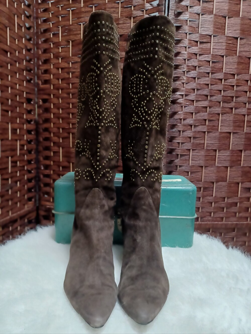Women's Chocolate Suede Knee-High Studded Boots -Flawed